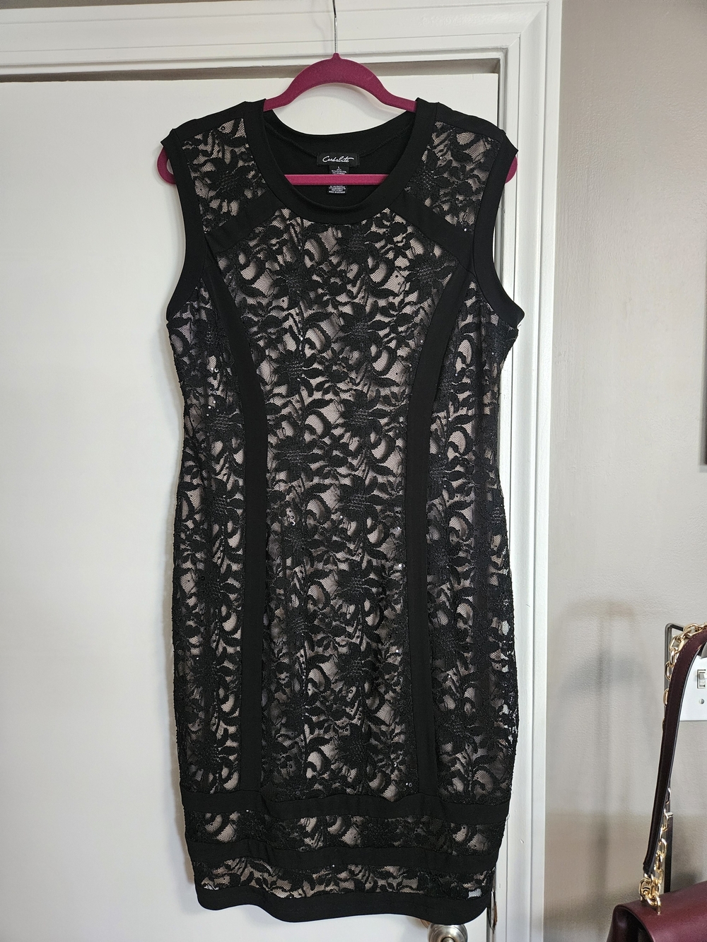 Black Lace Dress Nude Lined Sheath Sleeveless Sequin Detail